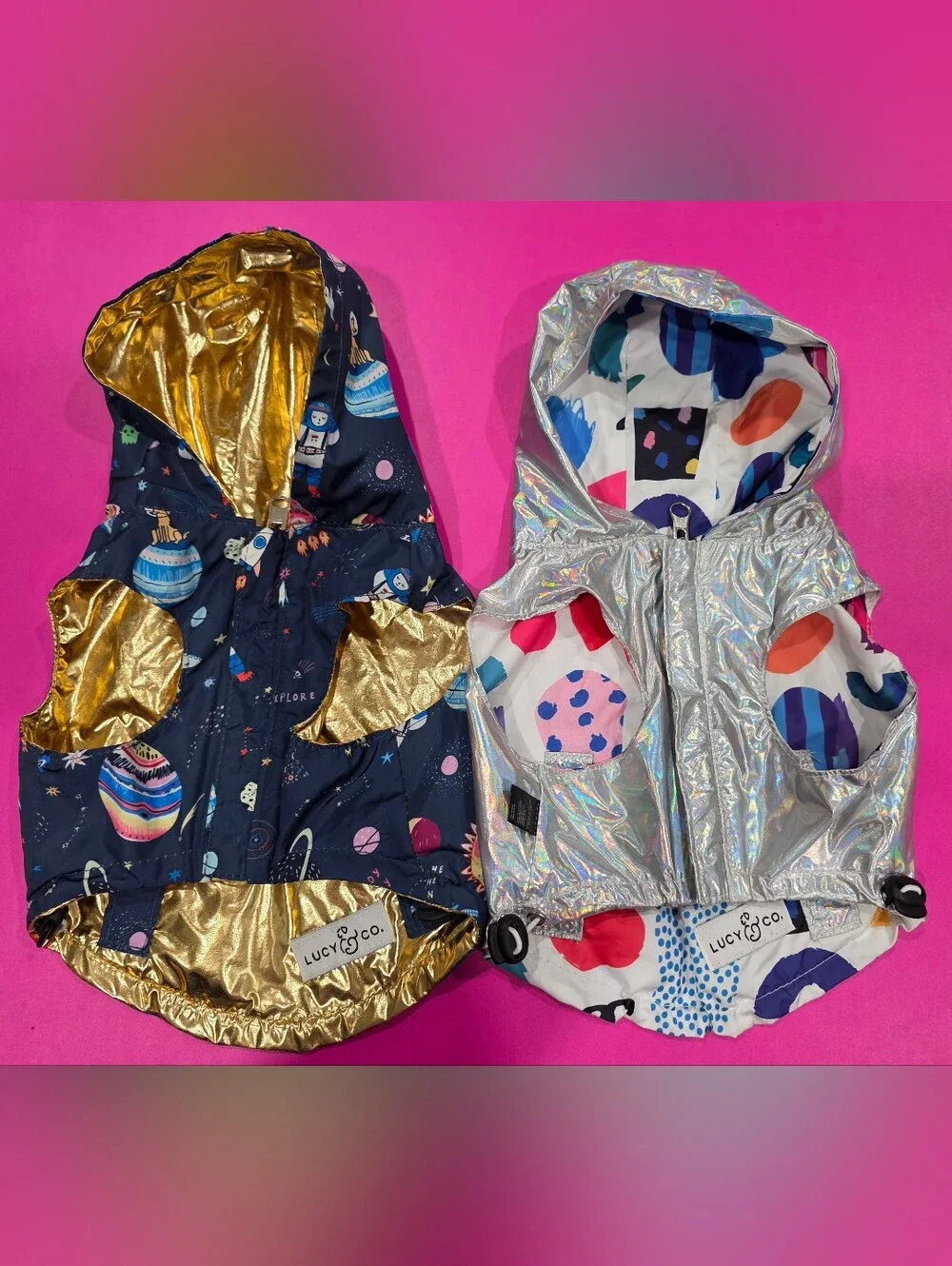 Lucy & Co. Metallic Gold and Multicolor 2 Dog Hooded Jackets